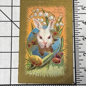 1909 Embossed Easter Postcard Gold Gilt Border Bunny Rabbit Lily of the Valley